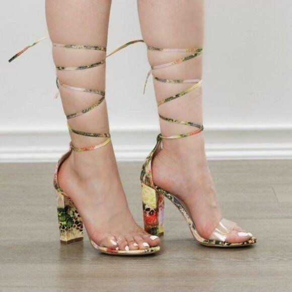 Ankle Strap High Heel Pump Sandal Spring Snake Laced-up Leg Tie Clear Toe Band - Picture 6 of 8